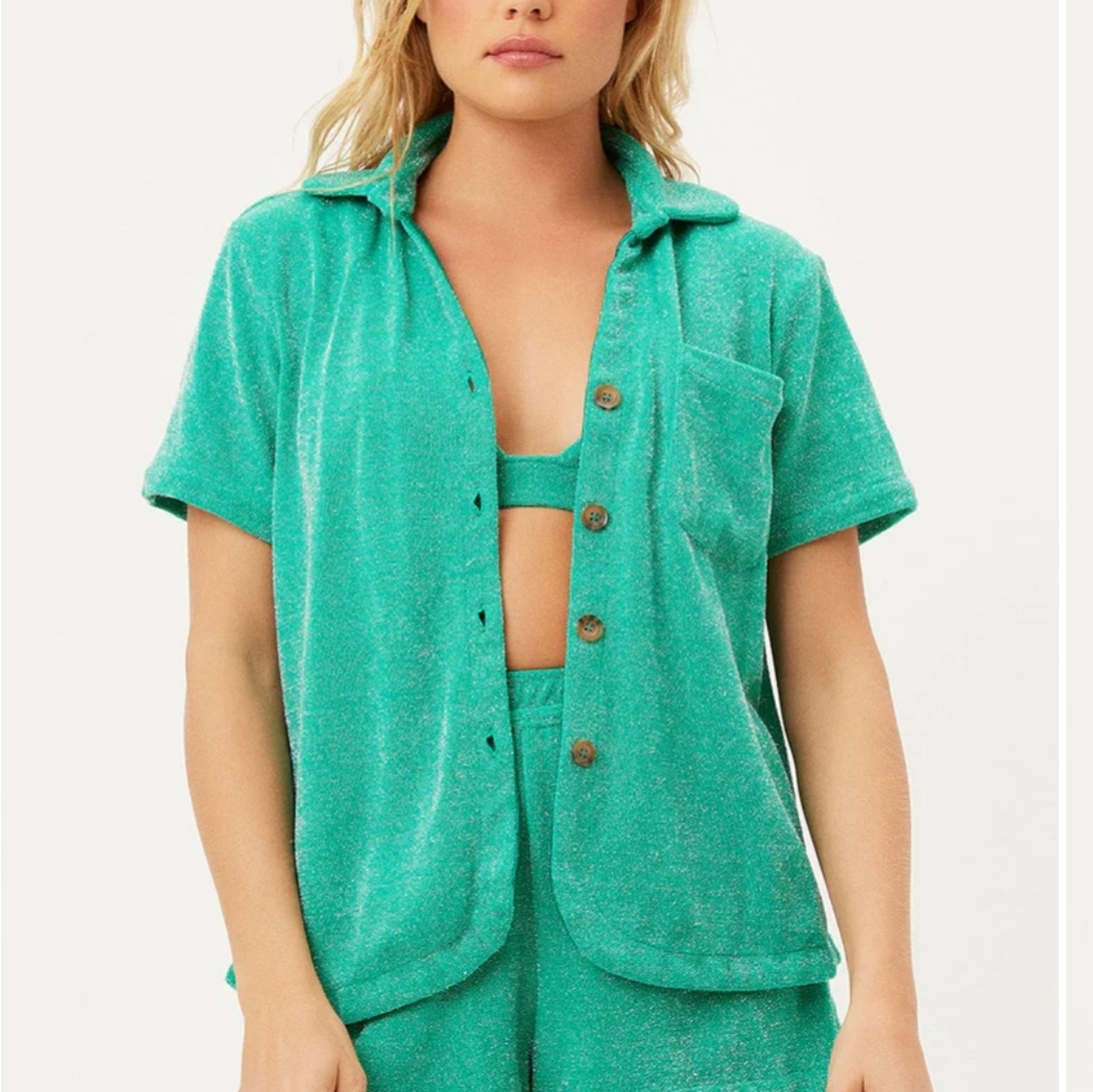 Frankie's Bikinis Green Coco Button Down Swim Cover Up Small Vacay Beach Glitter